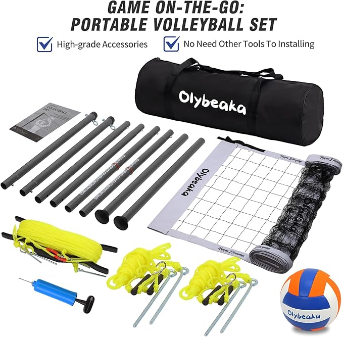 Outdoor Portable Volleyball Net Set for Backyard Beach with Adjustable Heavy Duty Poles, Durable