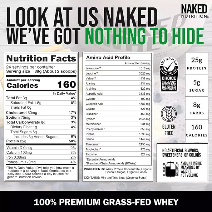 NAKED Whey Chocolate Protein Powder - Only 3 Ingredients - Grass Fed Whey Protein Powder, Organic