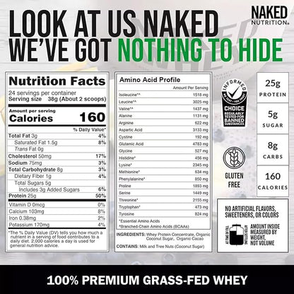 NAKED Whey Chocolate Protein Powder - Only 3 Ingredients - Grass Fed Whey Protein Powder, Organic