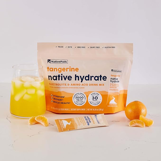 NativePath Native Hydrate Stick Packs, Sugar Free Electrolytes Powder with BCAAs, Tangerine