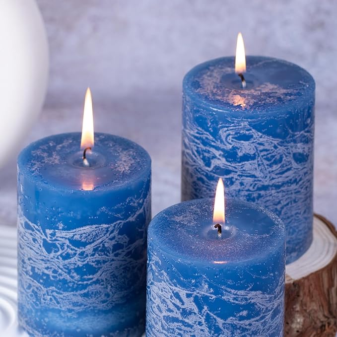KONNI Blue Pillar Candles Set of 3, 3"x 4" Unscented Pillar Candles Bulk, 39 Hours Long Burning