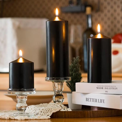 MOZEAL 3" x 4" Hand-Poured Unscented Black Pillar Candles,Dripless Candles Set of 3,Smokeless,Clean