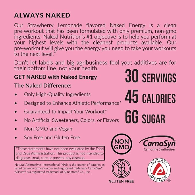 NAKED Strawberry Lemonade Energy - Clean Pre Workout Supplement for Men and Women, Vegan Friendly