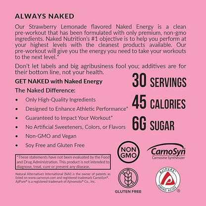 NAKED Strawberry Lemonade Energy - Clean Pre Workout Supplement for Men and Women, Vegan Friendly