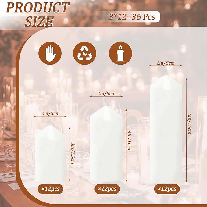 36 Pcs White Pillar Candles Bulk Setï¼? Different Lengths 2 x 3/4/6 Inch (12 Each)，Hurricane