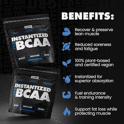 Gains in Bulk BCAA Powder, Pre Workout Plant Based Branch Chain Amino Acids, Gluten Free, Vegan