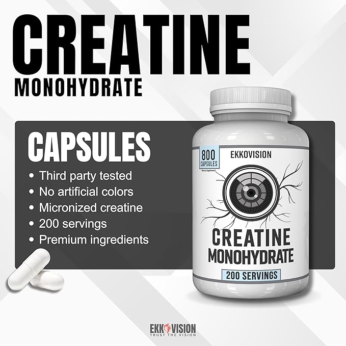 Ekkovision Creatine Monohydrate Capsules, Micronized, Unflavored Creatine Supplement for Men &