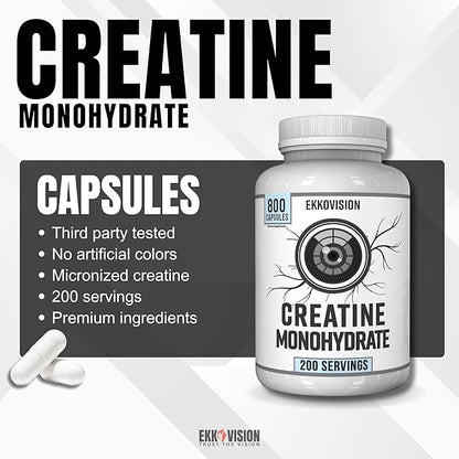 Ekkovision Creatine Monohydrate Capsules, Micronized, Unflavored Creatine Supplement for Men &
