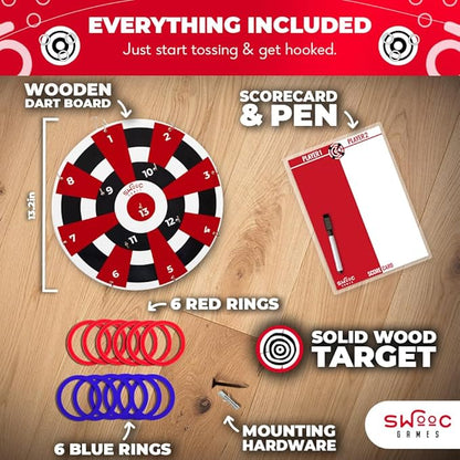 Swooc Games® ‒ Hook Darts Ring Toss Game ‒ Wood Board & Soft Rings ‒ 20+ Games Included for Kids &