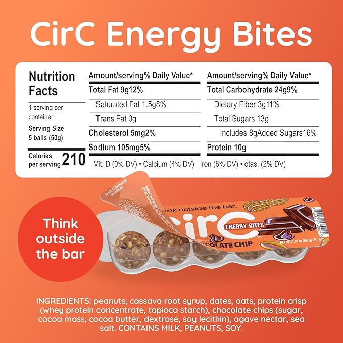 CirC Energy Bites - 12 Pack Peanut Chocolate Chip Gluten Free Protein Balls - 10g Protein, Whole