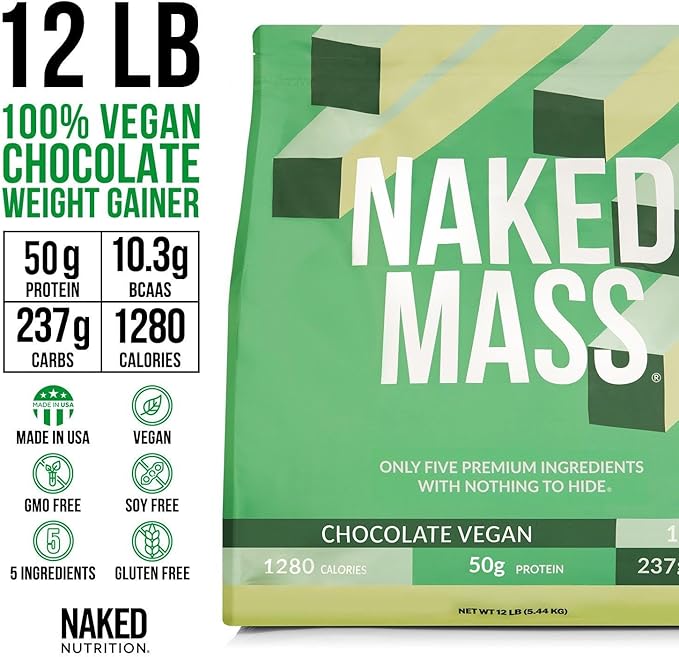 NAKED Vegan Mass - Chocolate Vegan Weight Gainer - 1,280 Calories, Non-GMO, Soy & Gluten Free, No