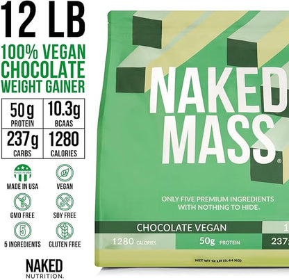 NAKED Vegan Mass - Chocolate Vegan Weight Gainer - 1,280 Calories, Non-GMO, Soy & Gluten Free, No