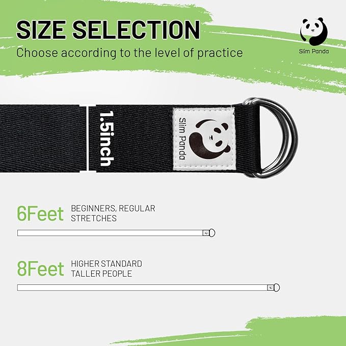 Slim Panda Yoga Strap for Stretching,Cotton Yoga Strap with Adjustable D-Ring Buckle,Non-Elastic