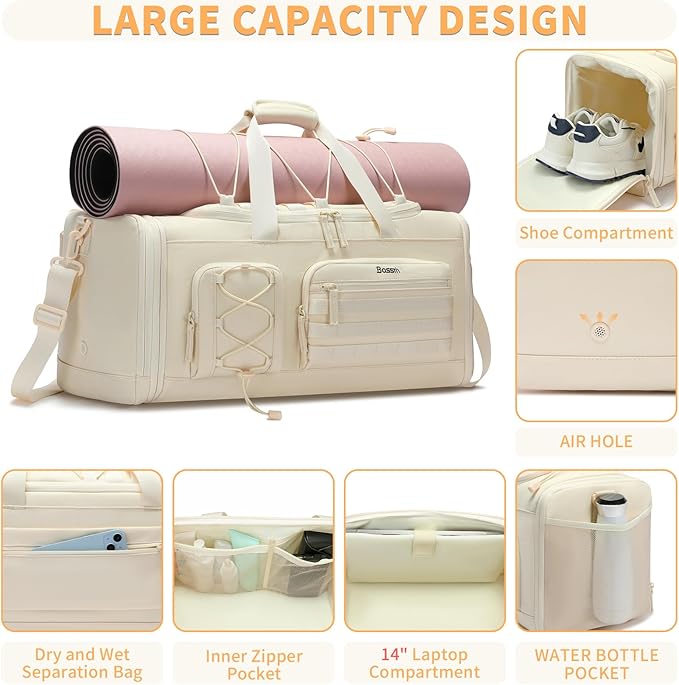 Bosstin Gym Bag for Women & Men, 45L Travel Duffle Sports Duffel Bag Gym Weekender Overnight