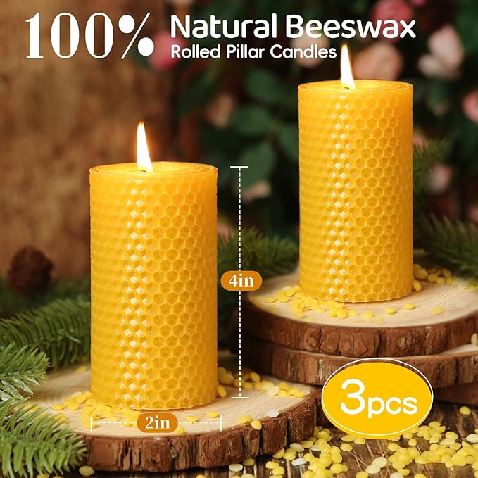 3 Pack Natural Beeswax Pillar Candles,Handmade Pure Beeswax Rolled Candle-60 Hours Long