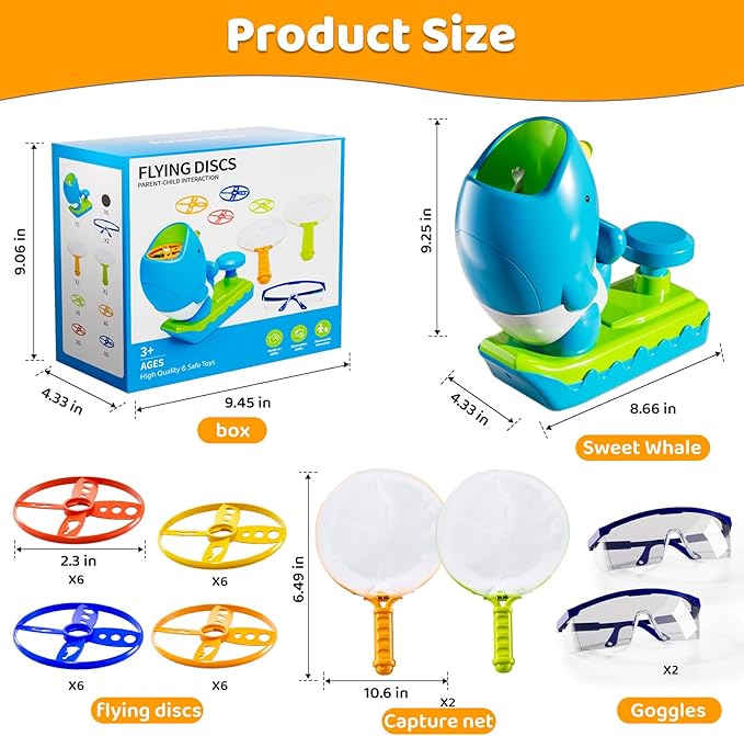 Flying Disc Launcher Outdoor Toys with 1 Whale Launcher, 24 Flying Discs, 2 Butterfly Nets and 2