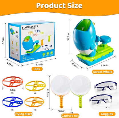 Flying Disc Launcher Outdoor Toys with 1 Whale Launcher, 24 Flying Discs, 2 Butterfly Nets and 2