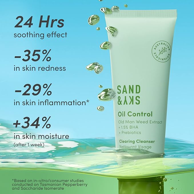 Sand & Sky Oil Control Gentle Face Cleanser with AHA & BHA - pH-Balanced Blemish Cleanser, Reduces