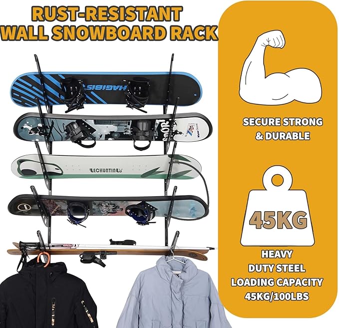 5 Board Snowboard Wall Racks, Adjustable Storage Rack for Ski, Surfboard, Wakeboard, Snowboard Wall