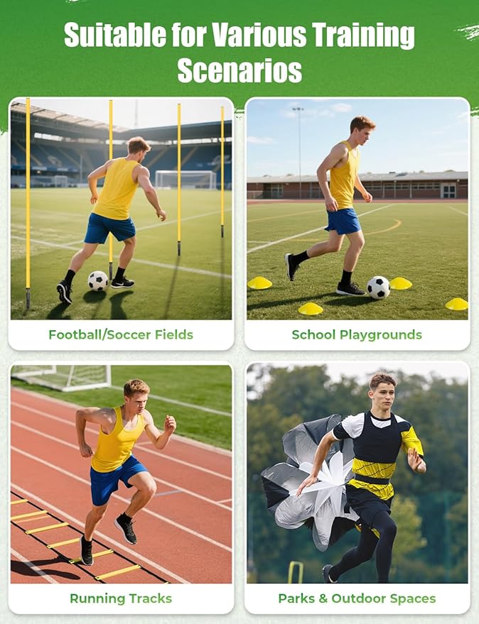 GHB Soccer Agility Training Equipment, 6 Agility Poles, 20ft Speed Ladder, 12 Disc Cones