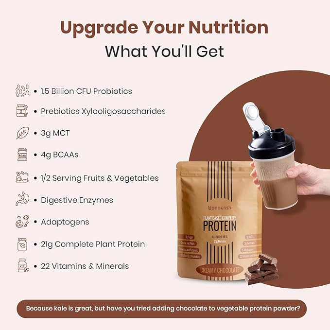 UpNourish Chocolate Vegan Protein Powder 54 Superfoods Powder,1.5 Billion CFU Probiotics 21g Plant