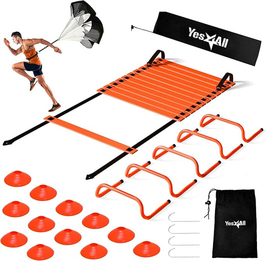 Yes4All Agility Ladder Speed Training Equipment Set - 1 Adjustable Agility Ladder, 12 Soccer Cones