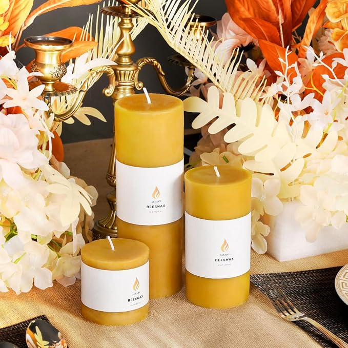 3PCS 3"x 6" Large Beeswax Pillar Candles, Made of Pure Natural Beeswax, with Ultra Long Burning