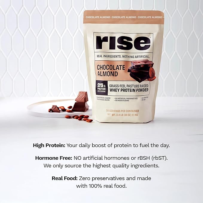 Rise Grass-Fed Whey Protein Powder - Chocolate Almond | 25g Protein No Artificial Flavors, Colors