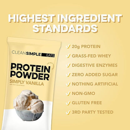 Clean Simple Eats Whey Protein Powder, Simply Vanilla Flavor Naturally Sweetened, 100% Grass Fed
