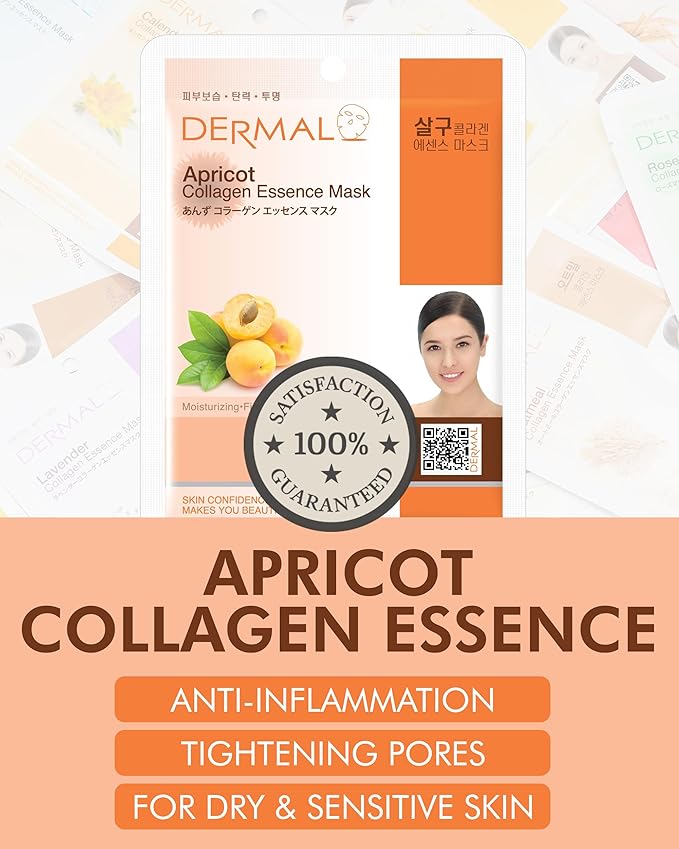 DERMAL Apricot Collagen Essence Korean Facial Mask Sheet Pack of 10 - Nourishing, Revitalizing