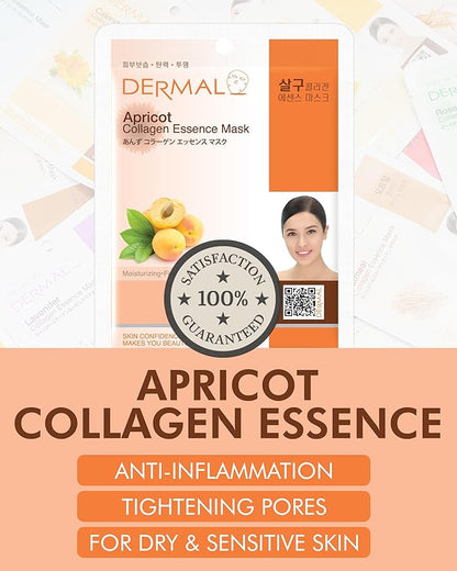 DERMAL Apricot Collagen Essence Korean Facial Mask Sheet Pack of 10 - Nourishing, Revitalizing