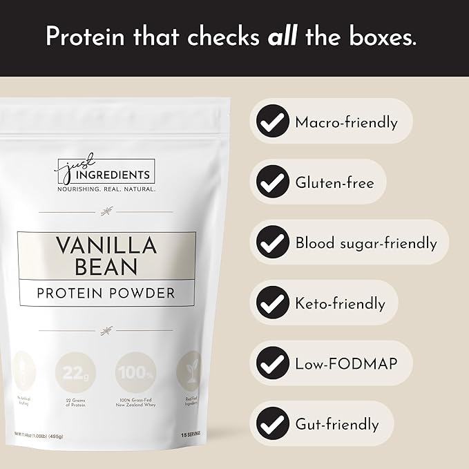 JUST INGREDIENTS Protein Powder | Vanilla Protein Powder Made with 100% Grass Fed, Non Denatured