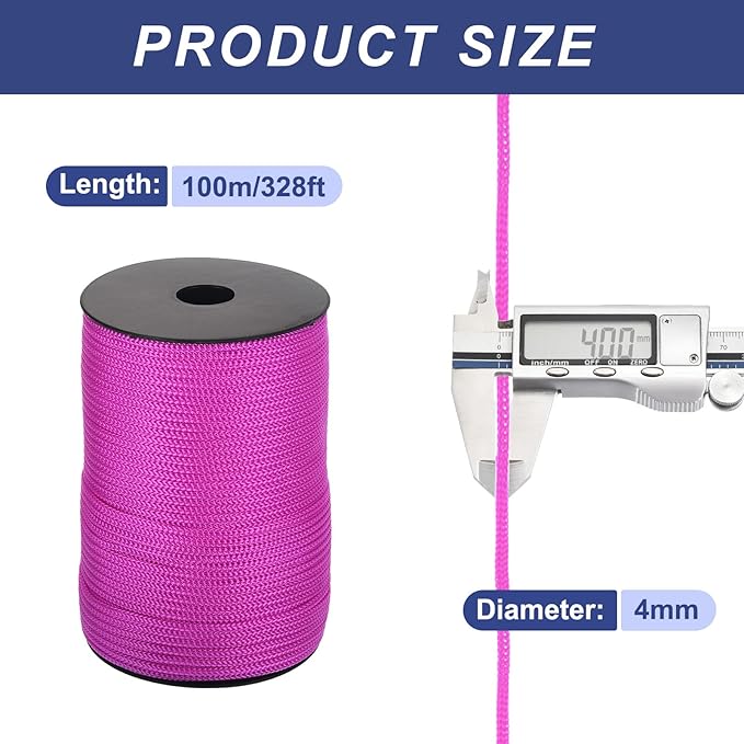 MECCANIXITY 5/32 Inch Polypropylene Rope Braided Ropes, 328ft Camping Rope Hollow Utility Cord for