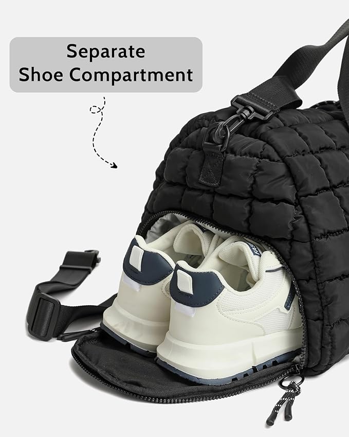 FODOKO Quilted Duffel Bag for Women, Puffer Gym Duffle with Shoe Compartment, Lightweight Large