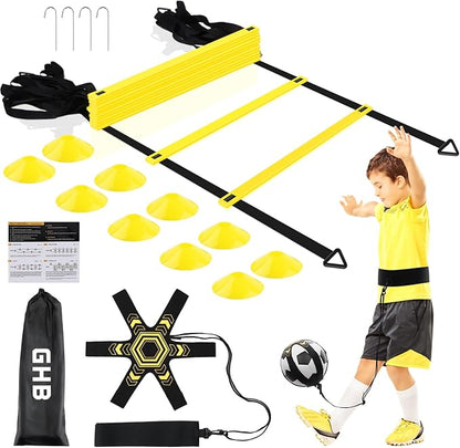 GHB Pro Agility Ladder Soccer Kick Trainer Set 20ft 12 Rung 10 Cones and 4 Stakes Speed Agility
