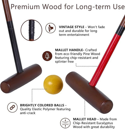 Croquet Set for Adults - 8 Players Croquette Kit with 32In Regulation, 35In Deluxe Size Rubber Wood