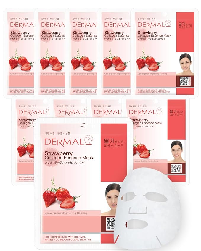 DERMAL Strawberry Collagen Essence Facial Mask Sheet 23g Pack of 10 - Pore Tightening & Sebum