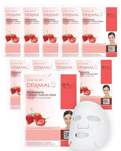 DERMAL Strawberry Collagen Essence Facial Mask Sheet 23g Pack of 10 - Pore Tightening & Sebum
