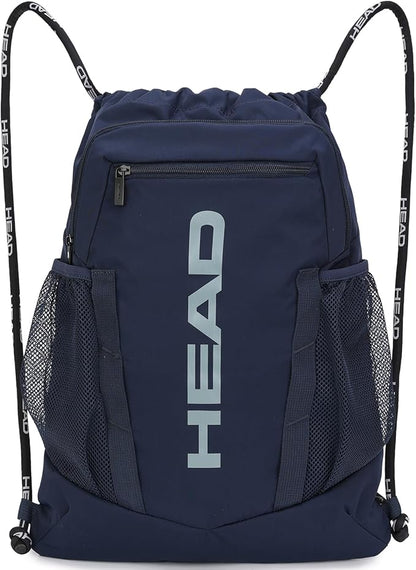 HEAD Waterproof Gym Sackpack for Sport with 2 Zipper Pockets, Large Drawstring Backpacks for Men