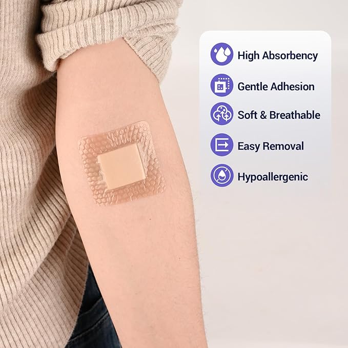 Silicone Foam Dressing 2" x 2" with Border, High Absorbency Wound Bandage, Gentle Adhesion, Soft