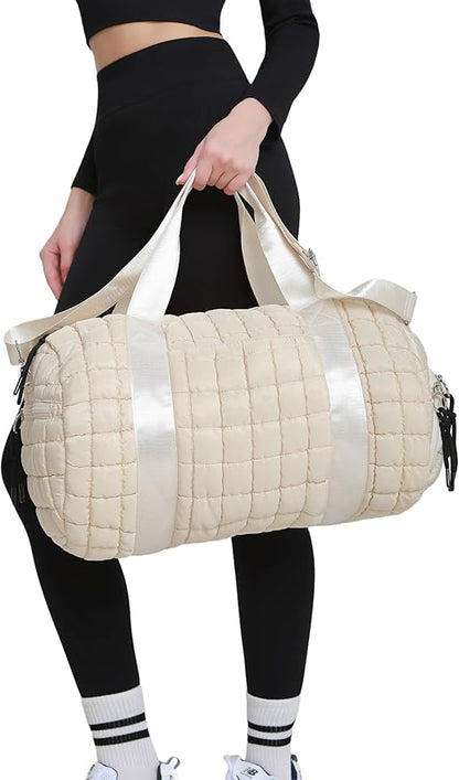 Quilted Duffel Gym Bag for Men and Women Carry On Travel Sport Weekender Bag, Off White
