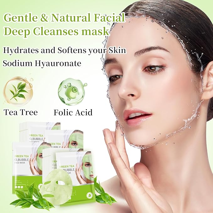 10 Sheets Face Masks Skincare O2 Bubble Green Tea Face Mask, Cleaner Bubble Sheet Masks Foaming