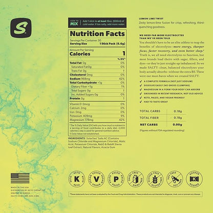 Keto Chow SALTT Electrolytes Powder Packets, Lemon Lime Twist (30 Hydration Packets) - Magnesium