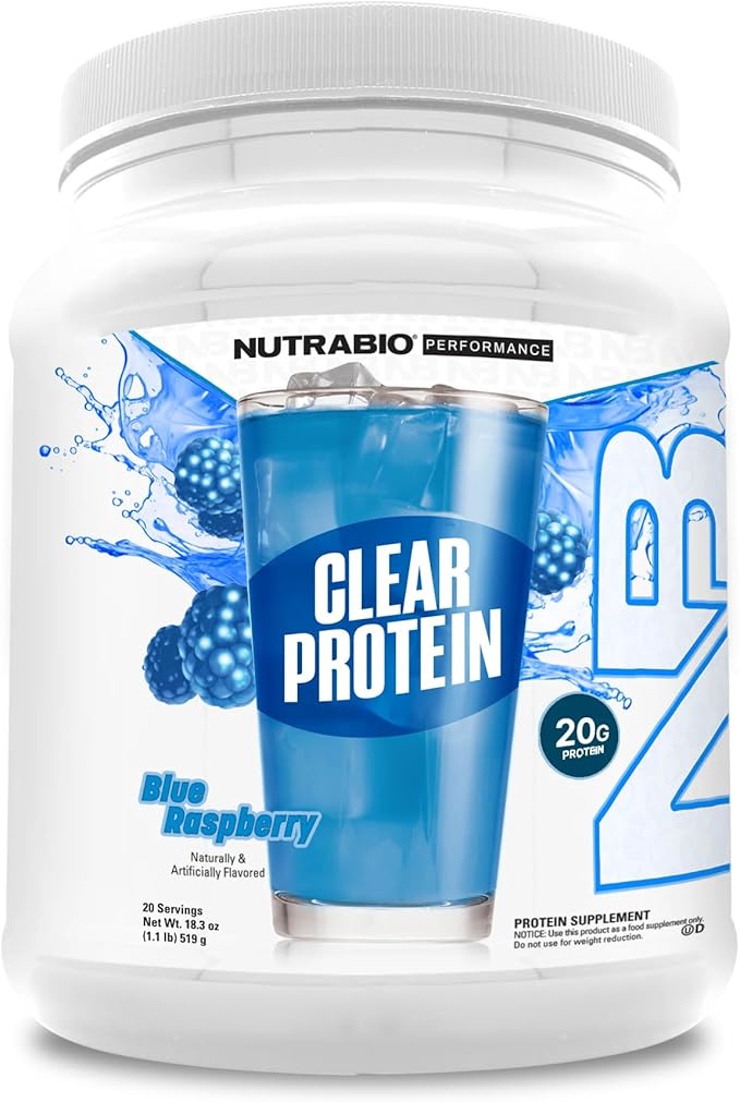 NutraBio Clear Protein Powder, Blue Raspberry - 20 Servings, 20g Clear Whey Protein Isolate, 0