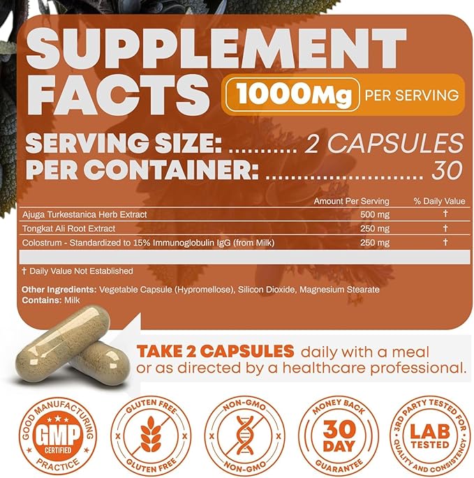 Turkesterone & Tongkat Ali 1000mg Supplement - 500mg Ajuga Turkestanica Per Serving Increase