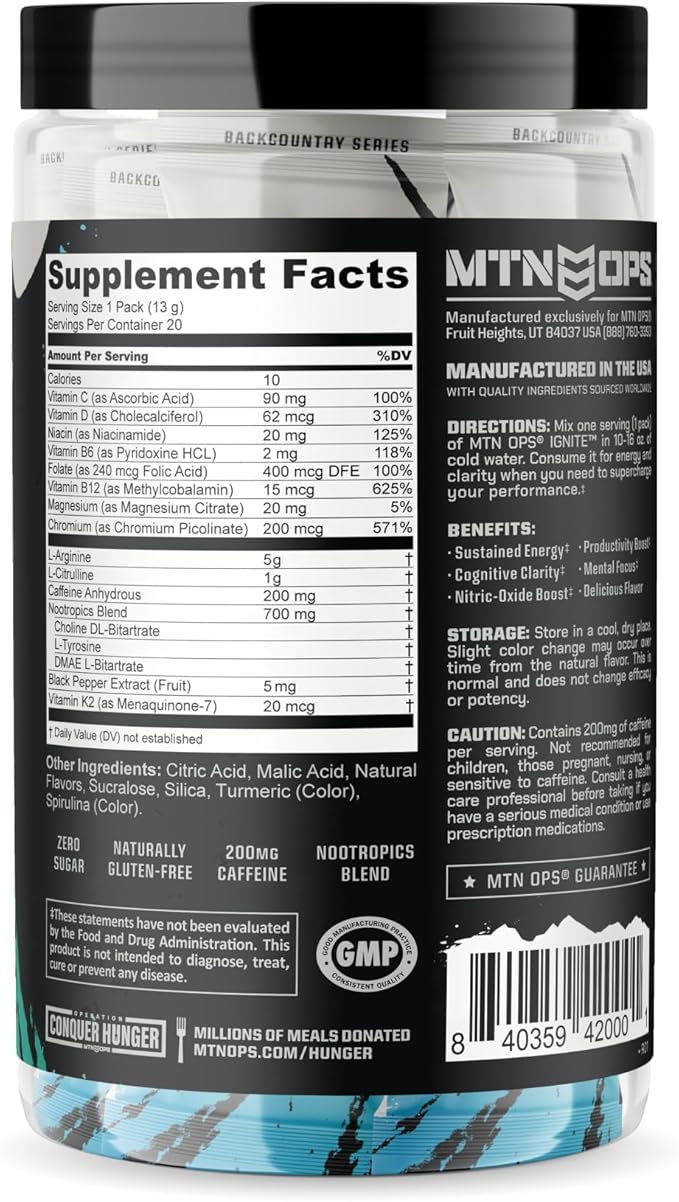 MTN OPS Ignite Trail Packs Energy Drink Powder, Gluten Free Nootropic Supplement Drink Mix, L