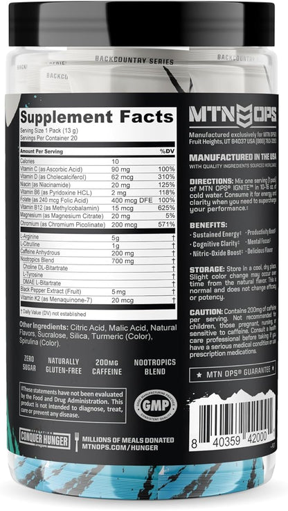MTN OPS Ignite Trail Packs Energy Drink Powder, Gluten Free Nootropic Supplement Drink Mix, L