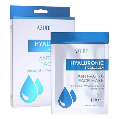 Azure Cosmetics Hyaluronic Acid & Collagen Anti Aging Sheet Facial Mask - Rejuvenating &