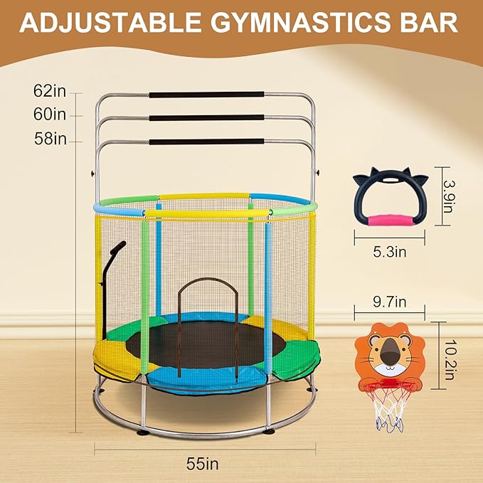 Trampoline for Kids with Anti-Rollover Round Bottom and Swing,55" Toddler Mini Trampoline for Kids