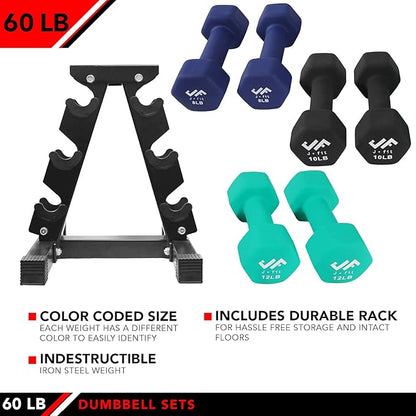 JFIT Dumbbell Pairs or Sets – Neoprene & Vinyl Coated Hand Weights for Home Gym, Strength Training